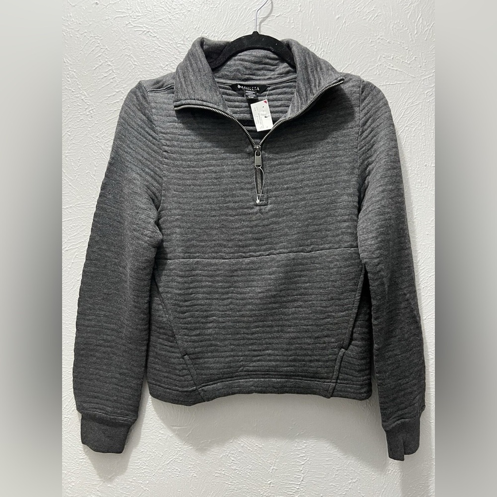 Athleta Women's Ottoman Rib Zip Pullover cozy soft Sweatshirt L Gray